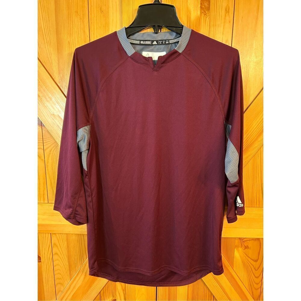 Adidas Climalite Fielders Choice Mens 3/4 Sleeve Baseball Henley Maroon /Gray Sm